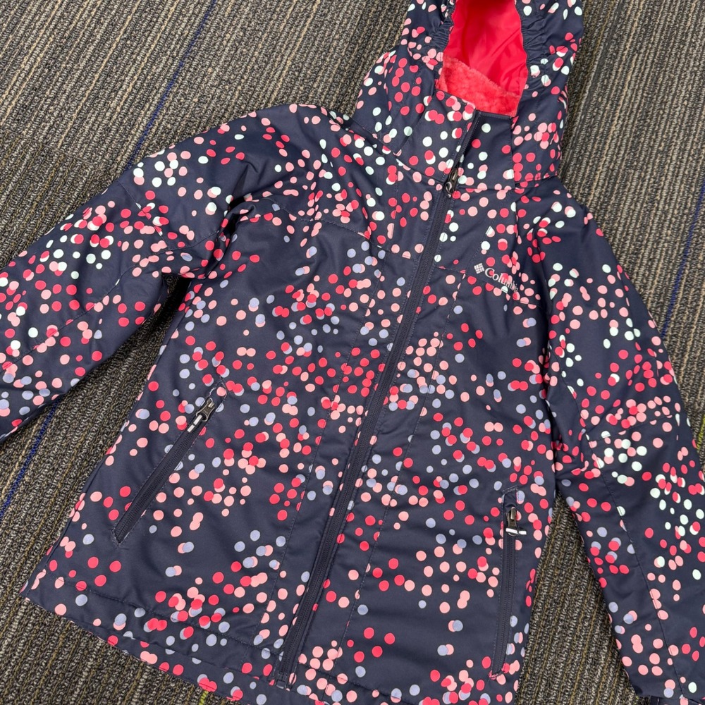 Columbia Interchange Jacket Girls M 10/12 Navy Pink Polka Dot Excellent Hooded